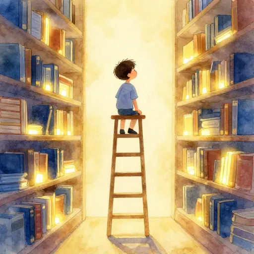 Un jeune garçon lisant un livre sur une haute échelle dans une bibliothèque à l'aspect magique.