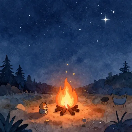 Un paysage paisible montrant un feu de camp sous les étoiles.