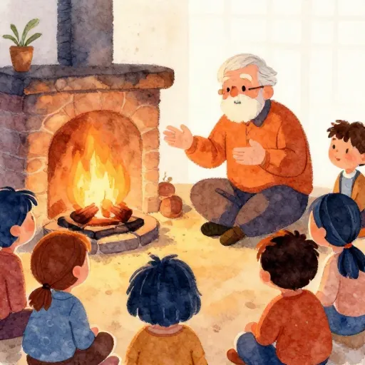 An elder telling stories to children by a campfire.