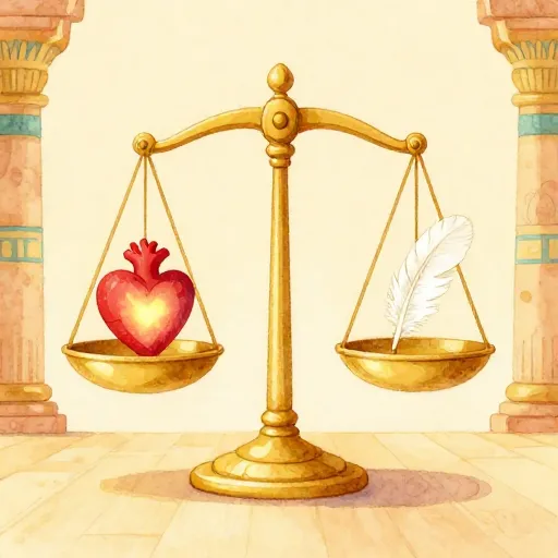 Balances dorées pesant un cœur contre une plume.