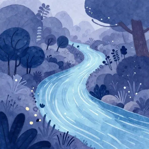 Une rivière bleue mystique coulant dans un paysage tranquille.