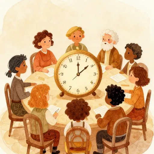 Thinkers around a table with a giant mysterious clock.