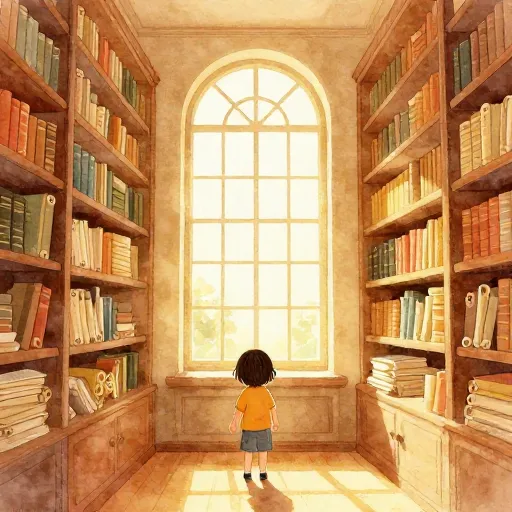 A peaceful ancient library with golden sunlight streaming through the windows.