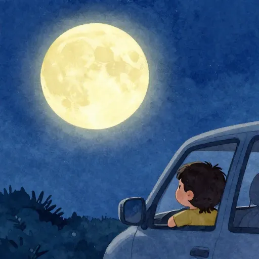A child watching the moon from a moving car.