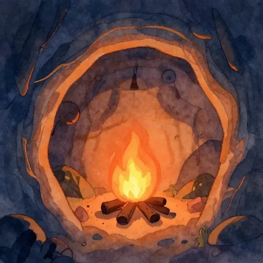 Una ilustración que muestra cómo un fuego proyecta sombras de objetos en la pared de una cueva.