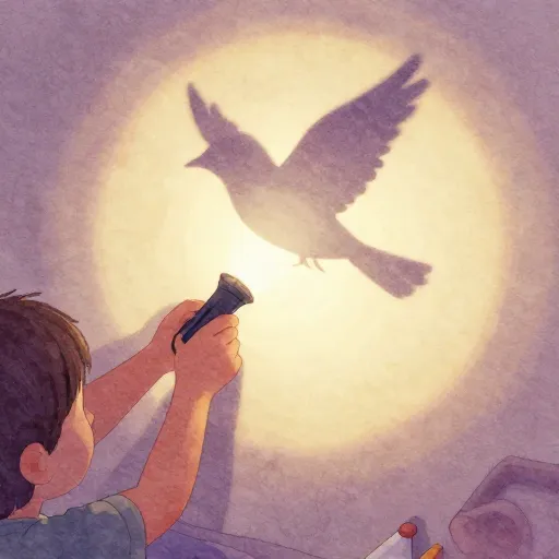 Un niño haciendo sombras chinescas en una pared.