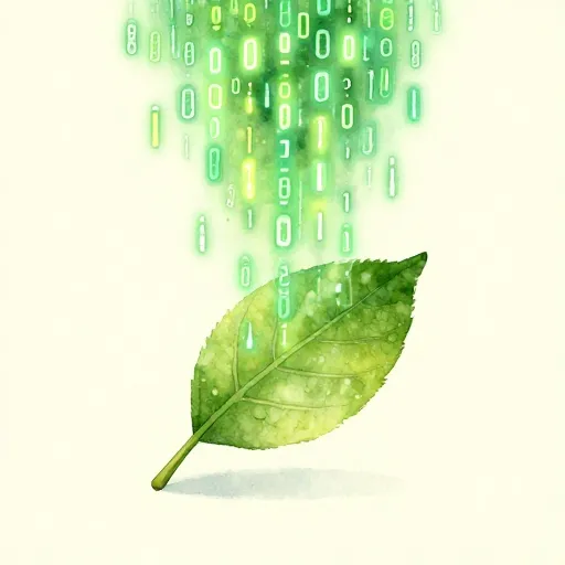 Una ilustración de código digital convirtiéndose en una hoja real.