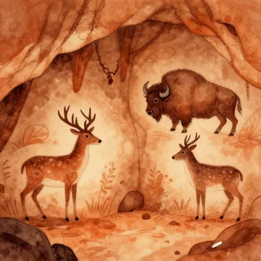 Cave paintings of animals in a flickering torchlit cave.