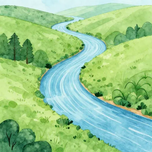 A sparkling river flowing through a green landscape.