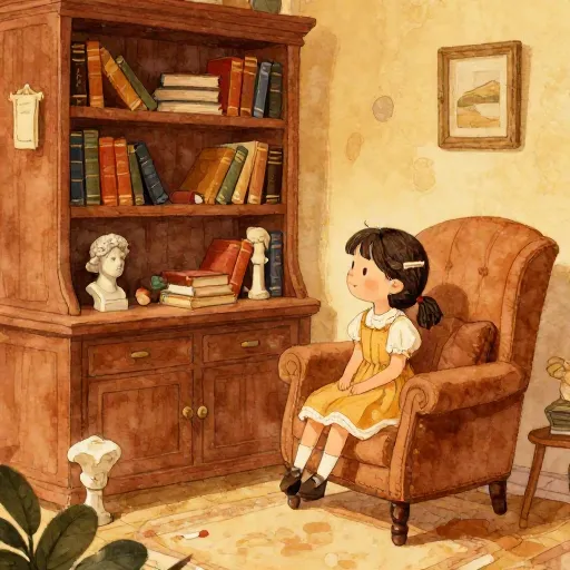 A young girl sitting in a library-like room filled with books and artifacts.