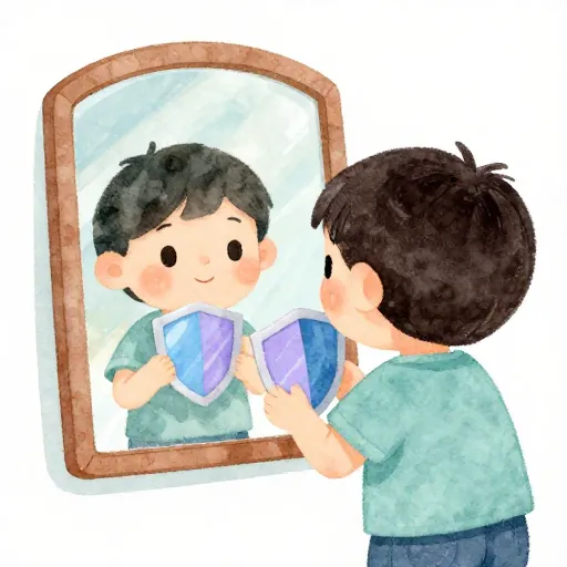 A child looking in a mirror with a metaphorical shield.