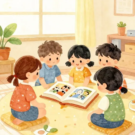 Children in a nursery looking at a photo album.