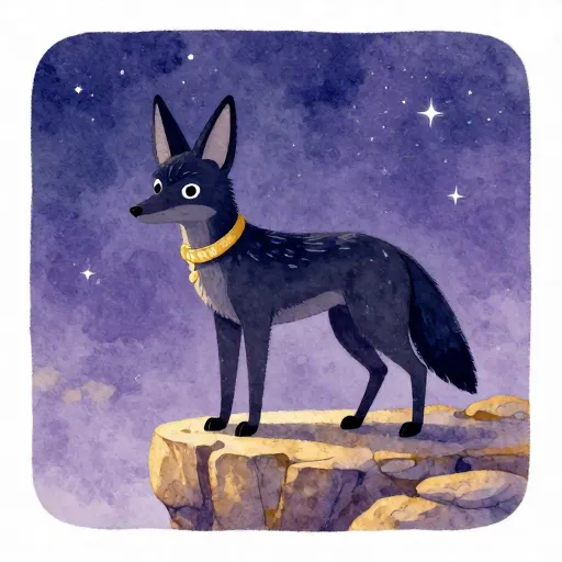 A black jackal with a golden collar overlooking a desert at night.