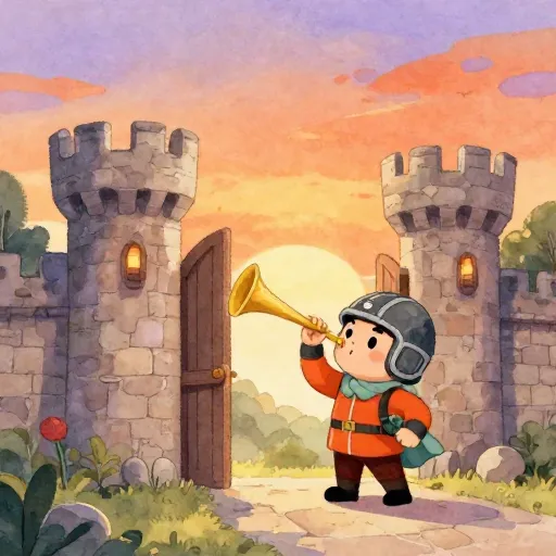 A small guard blowing a trumpet at a castle gate.