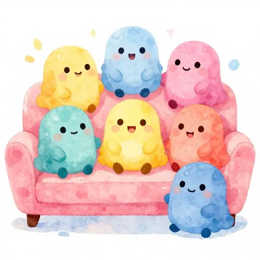 Different colored emotion shapes sitting together on a couch.
