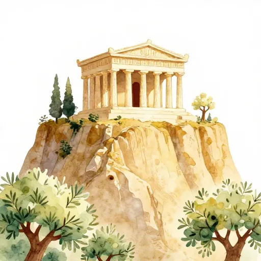 An ancient Greek temple on a mountain overlooking a valley of olive trees