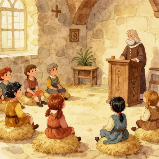 Un aula medieval donde los estudiantes escuchan una lección.