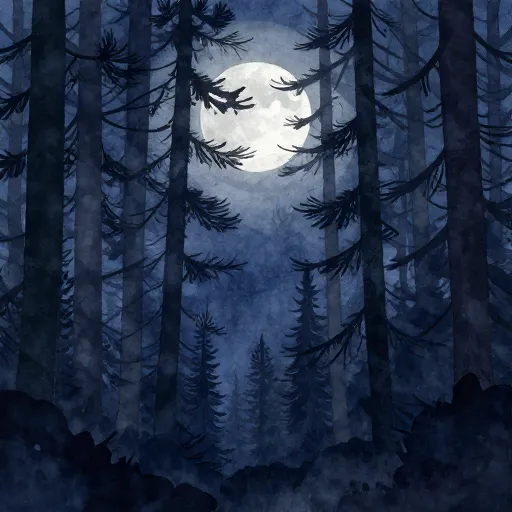 A forest at night under silver moonlight