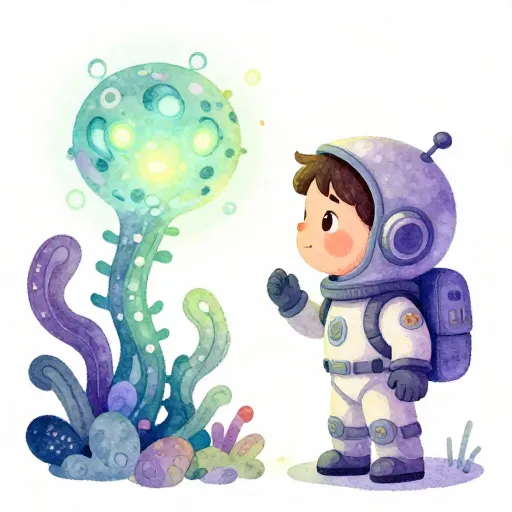A child explorer looking at a glowing plant on another planet.