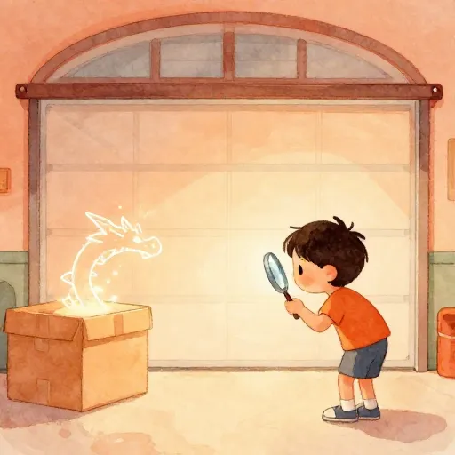A child looking for an invisible dragon in a garage.
