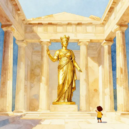 The giant golden statue of Athena inside the Parthenon.