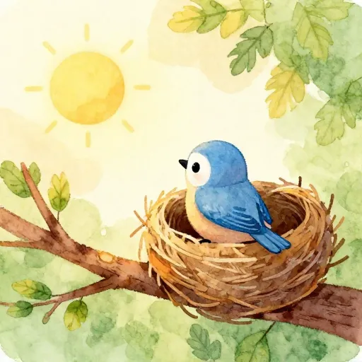A blue bird in a cozy nest looking at a branch.