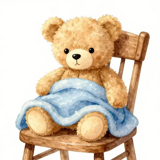 A watercolor painting of a teddy bear and a blanket.