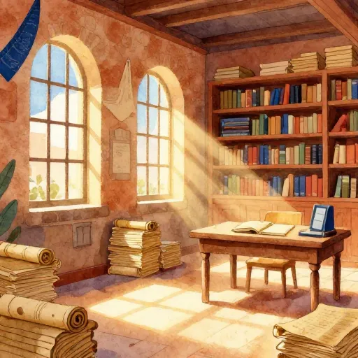 An ancient sunlit library filled with papyrus scrolls.