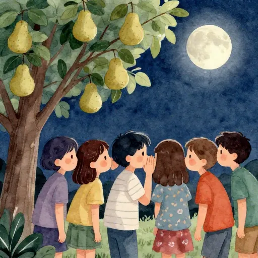 Teenagers in the moonlight near a pear tree.