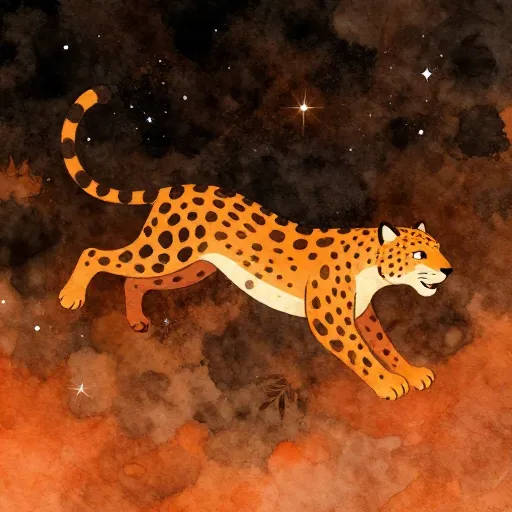 Un jaguar stylisé de style aztèque dans un ciel étoilé.