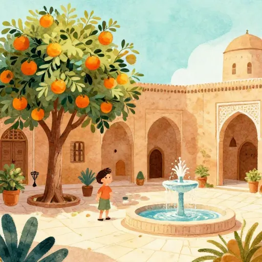 A peaceful Persian courtyard with an orange tree and a fountain.