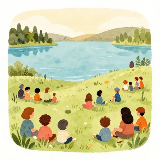 A crowd of people sitting on a hillside listening intently.