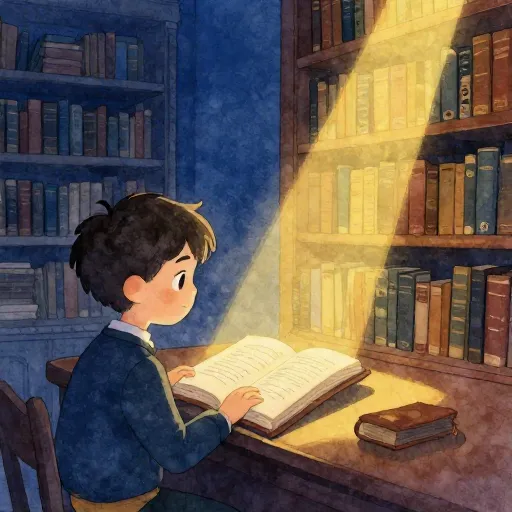 A young boy reading a book in a vast, sunlit old library.