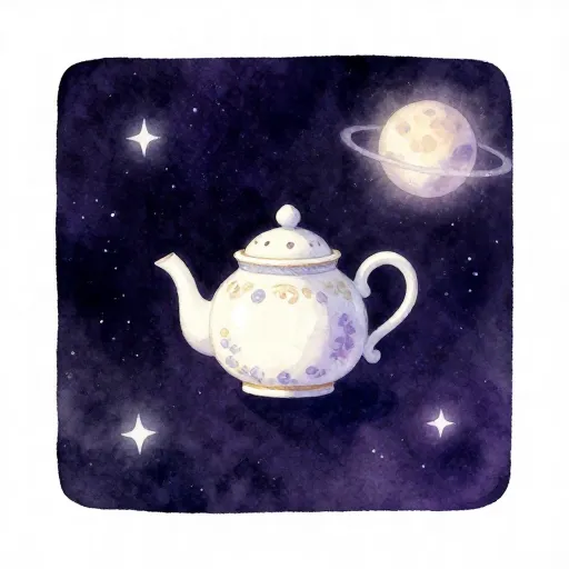 A small white teapot floating among stars in space.