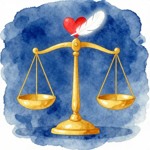 Golden scales balancing a heart and a feather.