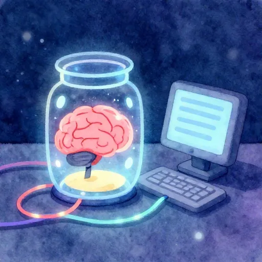 A brain in a glowing jar connected to a computer by colorful wires