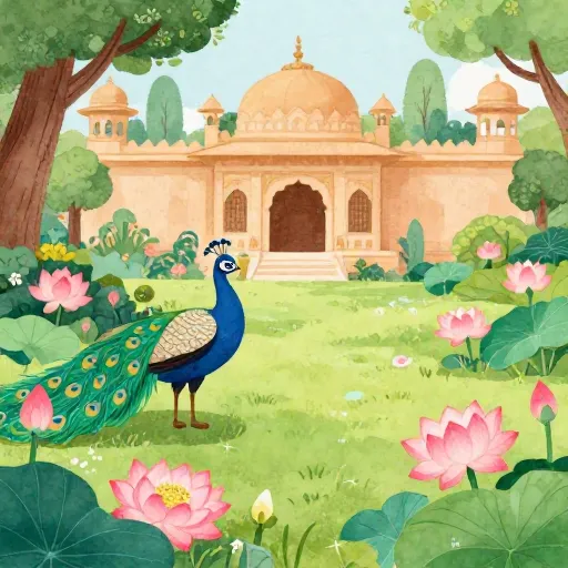 A beautiful ancient palace garden with peacocks and flowers.