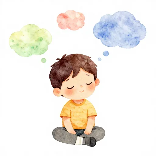 A child sitting peacefully with floating thought bubbles.