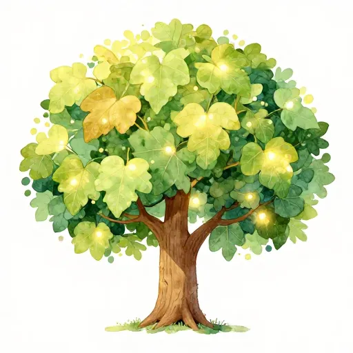 A large, ancient fig tree with glowing leaves