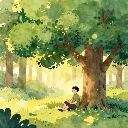 A man meditating peacefully under a large tree in a sunny forest.