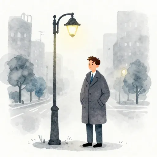 Um homem de casaco comprido em uma cidade com neblina.