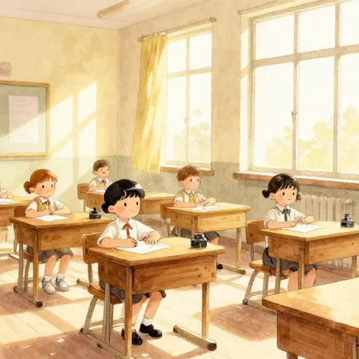 Une salle de classe nostalgique des années 1950 avec la lumière du soleil frappant les bureaux en bois.