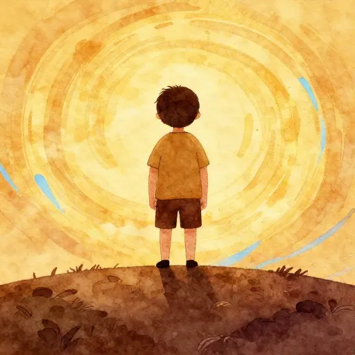 An illustration of the giant Pangu separating the sky and the earth.