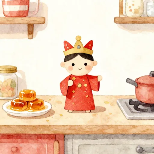 A small shrine for the Kitchen God with offerings of sweets.