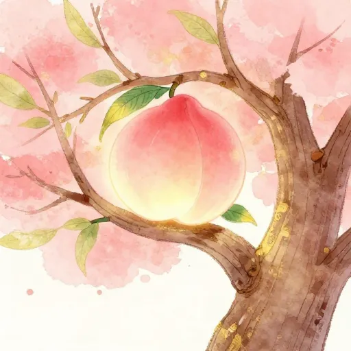 A glowing peach of immortality on a mystical tree.