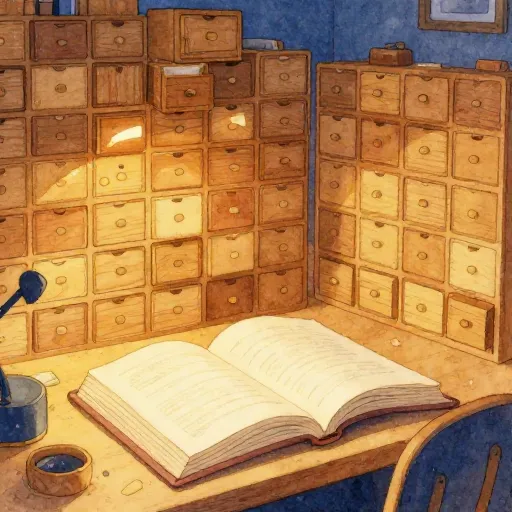 An illustration of a room filled with small wooden drawers and a large book.