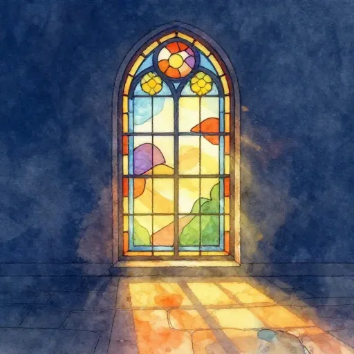 Colorful sunlight from a stained glass window casting patterns on a stone cathedral floor.