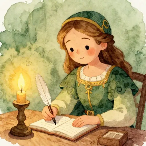 A medieval nun writing in a large book by the light of a candle.