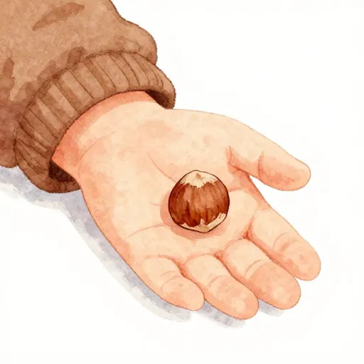 A small hazelnut resting in the palm of a child's hand.
