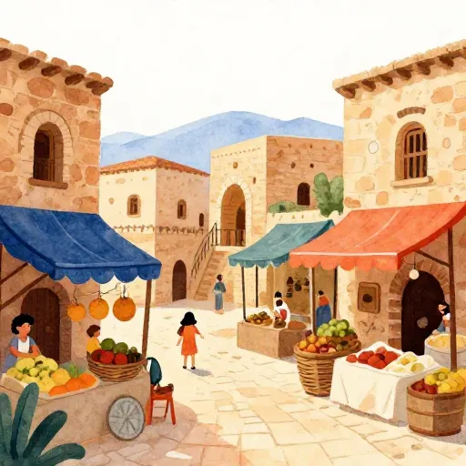 Une peinture à l'aquarelle d'une place de marché de Jérusalem antique.